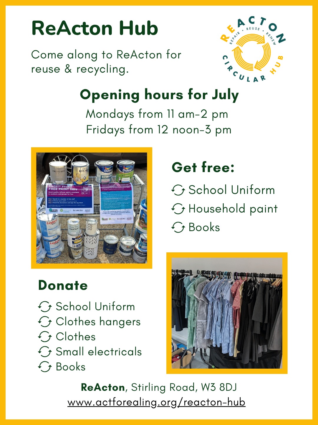 ReActon Poster - July opening hours and activities
